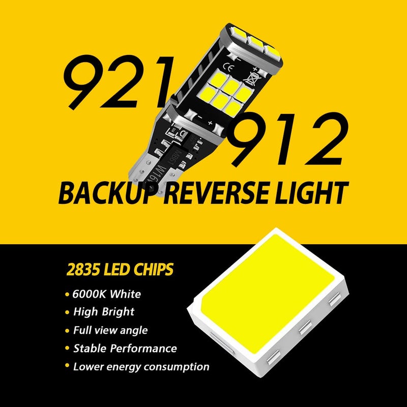 AUXLIGHT 921 912 906 904 T15 W16W 921A Error Free Back Up Reverse 3rd Brake Center High Mount Stop Light Bulbs, Super Bright High Power 6000K Xenon White replacement for Cars, Trucks, RVs (Pack of 2) - Image 2